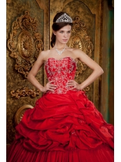 Red Ball Gown Sweetheart Floor-length Taffeta Beading and Appliques Quinceanera Dress