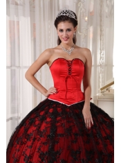 Red Ball Gown Sweetheart Floor-length Tulle and Taffeta Lace Quinceanera Dress