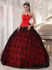 Red Ball Gown Sweetheart Floor-length Tulle and Taffeta Lace Quinceanera Dress