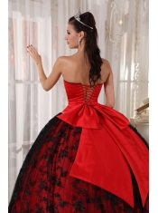 Red Ball Gown Sweetheart Floor-length Tulle and Taffeta Lace Quinceanera Dress