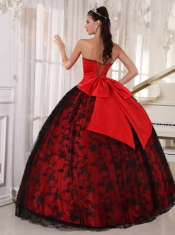 Red Ball Gown Sweetheart Floor-length Tulle and Taffeta Lace Quinceanera Dress