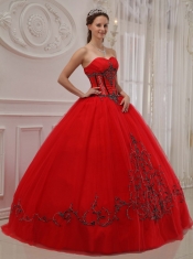 Red Ball Gown Sweetheart Floor-length Tulle Appliques Quinceanera Dress