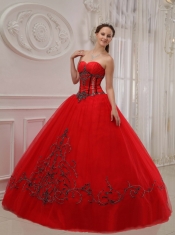 Red Ball Gown Sweetheart Floor-length Tulle Appliques Quinceanera Dress