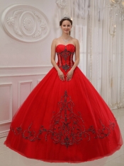 Red Ball Gown Sweetheart Floor-length Tulle Appliques Quinceanera Dress