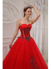 Red Ball Gown Sweetheart Floor-length Tulle Appliques Quinceanera Dress