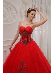 Red Ball Gown Sweetheart Floor-length Tulle Appliques Quinceanera Dress