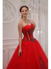 Red Ball Gown Sweetheart Floor-length Tulle Appliques Quinceanera Dress