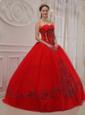 Red Ball Gown Sweetheart Floor-length Tulle Appliques Quinceanera Dress