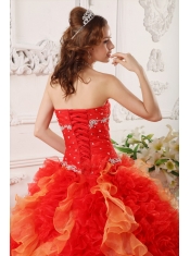 Red Ball Gown Sweetheart Organza Appliques and Beading Quinceanera Dress