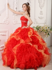 Red Ball Gown Sweetheart Organza Appliques and Beading Quinceanera Dress