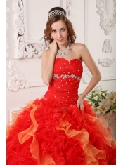 Red Ball Gown Sweetheart Organza Appliques and Beading Quinceanera Dress