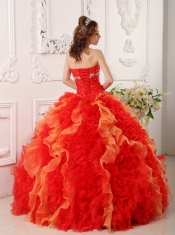 Red Ball Gown Sweetheart Organza Appliques and Beading Quinceanera Dress