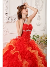 Red Ball Gown Sweetheart Organza Appliques and Beading Quinceanera Dress