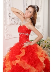 Red Ball Gown Sweetheart Organza Appliques and Beading Quinceanera Dress