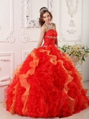 Red Ball Gown Sweetheart Organza Appliques and Beading Quinceanera Dress