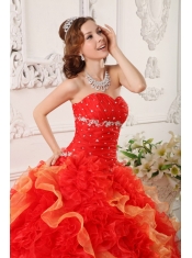 Red Ball Gown Sweetheart Organza Appliques and Beading Quinceanera Dress