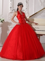 Red Ball Gown V-neck Floor-length Tulle Beading Quinceanera Dress