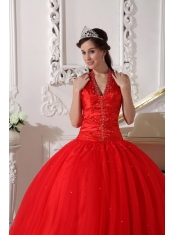 Red Ball Gown V-neck Floor-length Tulle Beading Quinceanera Dress