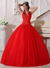 Red Ball Gown V-neck Floor-length Tulle Beading Quinceanera Dress