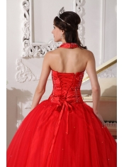 Red Ball Gown V-neck Floor-length Tulle Beading Quinceanera Dress