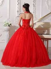 Red Ball Gown V-neck Floor-length Tulle Beading Quinceanera Dress