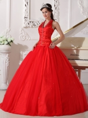 Red Ball Gown V-neck Floor-length Tulle Beading Quinceanera Dress