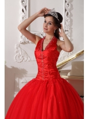 Red Ball Gown V-neck Floor-length Tulle Beading Quinceanera Dress