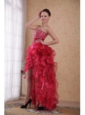 Red Column Sweetheart High-low Organza Beading Prom / Cocktail Dress