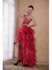 Red Column Sweetheart High-low Organza Beading Prom / Cocktail Dress