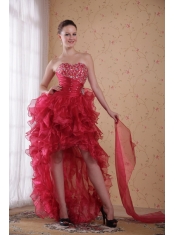 Red Column Sweetheart High-low Organza Beading Prom / Cocktail Dress