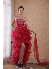 Red Column Sweetheart High-low Organza Beading Prom / Cocktail Dress