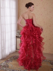 Red Column Sweetheart High-low Organza Beading Prom / Cocktail Dress