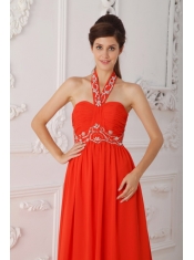 Red Empire Halter Court Train Chiffon Beading Red Prom / Evening Dress