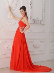Red Empire Halter Court Train Chiffon Beading Red Prom / Evening Dress