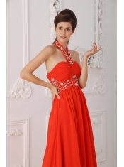 Red Empire Halter Court Train Chiffon Beading Red Prom / Evening Dress