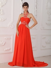Red Empire Halter Court Train Chiffon Beading Red Prom / Evening Dress