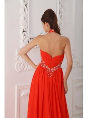 Red Empire Halter Court Train Chiffon Beading Red Prom / Evening Dress