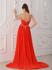 Red Empire Halter Court Train Chiffon Beading Red Prom / Evening Dress