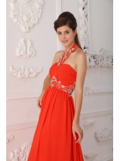 Red Empire Halter Court Train Chiffon Beading Red Prom / Evening Dress