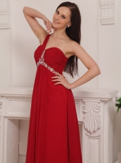 Red Empire One Shoulder Floor-length Chiffon Beading and Rush Prom Dress