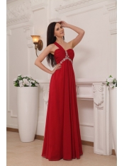 Red Empire One Shoulder Floor-length Chiffon Beading and Rush Prom Dress