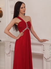 Red Empire One Shoulder Floor-length Chiffon Beading and Rush Prom Dress