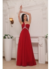 Red Empire One Shoulder Floor-length Chiffon Beading and Rush Prom Dress