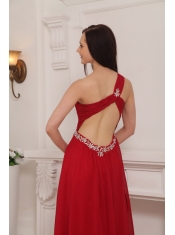 Red Empire One Shoulder Floor-length Chiffon Beading and Rush Prom Dress