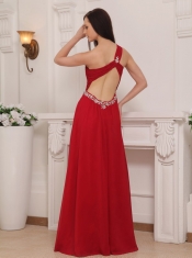Red Empire One Shoulder Floor-length Chiffon Beading and Rush Prom Dress
