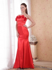 Red Mermaid Strapless Court Train Satin Hand Flower Prom Dress