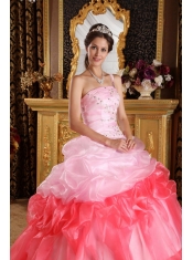 Romantic Ball Gown One Shoulder Floor-length Organza Appliques with Beading Quinceanera Dress