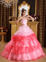 Romantic Ball Gown One Shoulder Floor-length Organza Appliques with Beading Quinceanera Dress