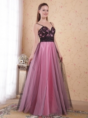 Rose Pink A-Line / Princess Spaghetti Straps Floor-length Tulle Appliques Prom Dress