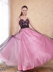 Rose Pink A-Line / Princess Spaghetti Straps Floor-length Tulle Appliques Prom Dress